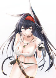 :d absurdres animal_ears areola_slip areolae arknights bangs bare_shoulders belt bikini black_choker black_gloves black_hair blaze_(arknights) blue_eyes breasts cat_ears cat_tail choker cleavage commentary cowboy_shot female female fingerless_gloves gloves grey_background hair_between_eyes hairband hand_up highres jewelry large_breasts long_hair looking_at_viewer navel necklace open_mouth red_hairband smile solo stomach strap_slip swimsuit tail thighs very_long_hair white_bikini woon