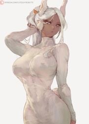 1girls breasts clothed cutesexyrobutts dark_skin fixing_hair furry_ears looking_at_viewer miruko my_hero_academia nipple_bulge nipple_piercing nipples_visible_through_clothing rabbit rabbit_ears rabbit_tail rumi_usagiyama sound_request white_hair wife