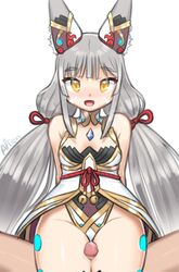 1boy absurdres alten animal_ears artist_name blush breasts cat_ears cleavage covered_navel female gem highres jewelry long_hair looking_at_viewer nia nia_(blade) nia_(blade)_(xenoblade) nia_(xenoblade) open_mouth penis ribbon silver_hair simple_background sitting smile solo_focus straight thigh_sex thighs twintails very_long_hair white_background xenoblade_chronicles_(series) xenoblade_chronicles_2 yellow_eyes