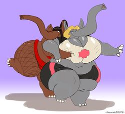 2019 2girls anthro belly big_belly big_breasts breast_grab breasts clothed clothing duo elephant elephantid eliza_(kazecat) female hair hand_on_breast huge_breasts huge_thighs hyper hyper_breasts hyper_thighs jumba_elephant kazecat mammal overweight proboscidean smile thick_thighs