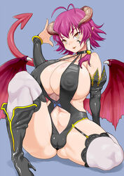 blush cameltoe demon_tail demon_wings erect_nipples erect_nipples_under_clothes heels horns huge_breasts kyonyuu_fantasy long_gloves oomaeda parted_lips purple_hair shamsiel shamsiel_shahar short_hair succubus succubus_costume succubus_horns succubus_outfit succubus_tail succubus_wings thick_thighs thighhighs wings