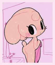 anthro ass bandage bathroom blush bonnie_(pulp) female fur genitals hi_res lagomorph leporid looking_at_viewer mammal nude pink_body pulp_(artist) pussy rabbit simple_background solo wet