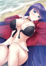 absurdres areola_slip areolae bangs beach bikini black_bikini blue_eyes blunt_bangs breasts choker cleavage collarbone cross cross_choker earrings fate/grand_order fate_(series) female highres jacket jewelry knee_up large_breasts long_hair long_sleeves looking_at_viewer lying navel okuma707 on_back open_clothes open_jacket purple_hair red_jacket saint_martha saint_martha_(swimsuit_ruler) shore swimsuit thighs untied untied_bikini