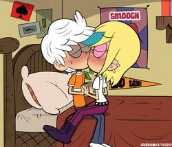 1boy 1boy1girl 1girls aged_up bedroom blushing closed_eyes fully_clothed holding_hands javisuzumiya kissing lincoln_loud nickelodeon sam_sharp sitting_on_lap the_loud_house