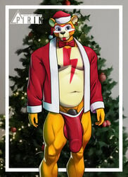 alternate_color anthro big_bulge big_penis black_nose black_penis bodypaint bow_tie bulge christmas christmas_clothing christmas_headwear christmas_tree clothing costume detailed_bulge ear_piercing face_paint five_nights_at_freddy's five_nights_at_freddy's:_security_breach genital_outline genitals glamrock_freddy_(fnaf) hat headgear headwear hi_res holidays looking_at_viewer male male_only mammal nipples orange_body penis penis_outline piercing pirin-apex plant santa_costume santa_hat scottgames solo topwear tree ursid video_games