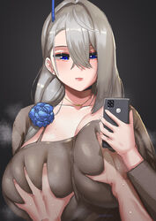 1girls 2022 blue_eyes bored bored_expression breast_grab breast_squeeze breasts clothed clothed_female female female_only grey_hair groping groping_breasts hair_ornament hi_res holding_object huge_breasts indifferent kirinkirin light_blush makeup mature_female milf original original_character phone pov side_ponytail simple_background steam steaming_body very_high_resolution