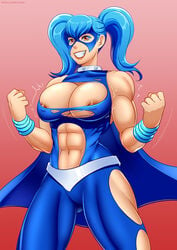 abs areolae belt biceps blue_hair breasts brown_eyes cape city_of_heroes collar exposed_breasts eye_mask female flexing fusionette gradient_background large_breasts long_hair muscular_female navel nipples oo_sebastian_oo simple_background sleeveless smile solo spiked_collar standing superheroine torn_clothes twintails vambraces