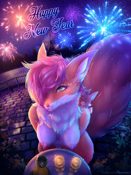 absurd_res alcohol animal_genitalia anthro beverage bottle breasts canid canine celebrate celebrating celebration champagne champagne_glass container cup drinking_glass eiffel_tower eye_scar facial_scar female fireworks fluffy fluffy_tail fox fully_sheathed fur futanari genitals glass glass_container glass_cup green_eyes hair herm herm/female hi_res high-angle_view high_angle holidays huge_filesize intersex intersex/female lagomorph landscape landscape_background leporid long_sheath looking_at_viewer mammal new_year night nude paris penis piiu piiunivers pink_hair rabbit scar sheath smile smiling_at_viewer tasteful_nudity text