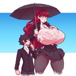 1boy 1girls 2022 amazon black_hair blush bow breasts breasts_bigger_than_head clothing color duo embarrassed female giantess glasses huge_breasts hyper hyper_breasts joker_(persona) kasumi_yoshizawa long_hair male n647 nipple_bulge persona persona_5 persona_5_royal ponytail rain red_hair school_uniform see-through short_hair size_difference sumire_yoshizawa taller_girl thick_thighs transparent_background umbrella voluptuous wet_clothes white_skin wide_hips yellow_eyes