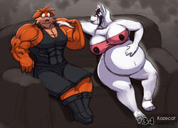 1boy 1girls anthro bare_shoulders belly big_belly big_breasts bra breasts clothing domestic_cat duo felid feline felis female kazecat kazecat_(character) male male/female mammal muscles muscular muscular_male nipples pregnant strapless_bra strapless_clothing strapless_underwear tight_clothing underwear