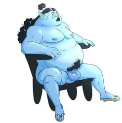 2022 absurd_res anthro balls belly blue_body chair fish-men_(one_piece) flaccid furniture genitals heathenpixel hi_res jinbe male male_only marine moobs nipples nude one_piece overweight overweight_male penis pubes rabbitcretin sitting small_penis solo