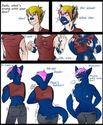 2012 anthro ass big_breasts blonde_hair blue_body blue_fur blush breast_growth breasts butt_expansion clothed clothing comic crimsoneclipse dialogue english_text expansion felid female fur furry gender_transformation hair hip_expansion human_to_anthro humanoid looking_at_viewer male mammal mtf_transformation nipples open_mouth pink_hair short_hair simple_background smile solo species_transformation surprise tail_growth text tongue tongue_out topless torn_clothing transformation unseen_character whiskers wide_hips