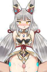 1boy absurdres alten animal_ears artist_name blush breasts cat_ears cleavage covered_navel cum ejaculation faceless_male female gem highres jewelry long_hair looking_at_viewer naughty_face nia nia_(blade) nia_(blade)_(xenoblade) nia_(xenoblade) open_mouth orgasm penis ribbon silver_hair simple_background sitting smile solo_focus straight thigh_sex thighs tongue tongue_out twintails very_long_hair white_background xenoblade_chronicles_(series) xenoblade_chronicles_2 yellow_eyes