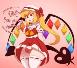 1futa blonde_hair bottomwear clothing english_text eyebrows_visible_through_hair flandre_scarlet futa futa_only futanari hat hornynym legwear light-skinned_futanari light_skin red_eyes solo text thick_thighs topwear touhou wings