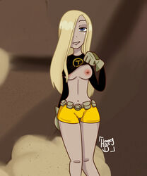 1girls belt blonde_hair clothing dc female female_only flashing flashing_breasts hair_covering_eye hair_covering_one_eye handwear homerbls human nipples one_breast_out pale_skin presenting solo superheroine tagme teen_titans terra_(dc)