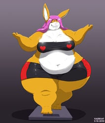 1girls 2010 anthro belly big_belly big_breasts breasts female female_only hair huge_thighs jiggly_(kazecat) kazecat lagomorph leporid mammal overweight overweight_anthro overweight_female rabbit smile solo thick_thighs weighing_scale wide_hips