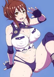 brown_eyes brown_hair cleavage erect_nipples erect_nipples_under_clothes female fingerless_gloves huge_breasts kisaragi_chitose oomaeda open_mouth short_hair solo super_robot_wars super_robot_wars_v sweat thick_thighs