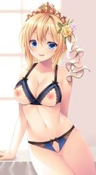 ass_visible_through_thighs bangs bare_arms bare_shoulders blonde_hair blue_bra blue_eyes blue_panties blurry blurry_background blush bow bow_bra bow_panties bra breasts cleavage collarbone commentary_request crotchless crotchless_panties depth_of_field europa_(granblue_fantasy) eyebrows_visible_through_hair female female flower granblue_fantasy hair_between_eyes hair_flower hair_ornament highres lace-trimmed_bra lace-trimmed_panties lace_trim long_hair looking_at_viewer minatsuki_alumi navel nippleless_clothes nipples panties parted_lips purple_flower purple_rose pussy rose smile solo thigh_gap tiara underwear underwear_only window yellow_flower yellow_rose