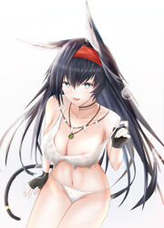 :d absurdres animal_ears areola_slip areolae arknights bangs bare_shoulders bikini black_choker black_gloves black_hair blaze_(arknights) blue_eyes breasts cat_ears cat_tail choker cleavage commentary cowboy_shot female female fingerless_gloves gloves grey_background hair_between_eyes hairband hand_up highres jewelry large_breasts long_hair looking_at_viewer navel necklace open_mouth red_hairband smile solo stomach strap_slip swimsuit tail thighs very_long_hair white_bikini woon