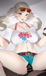 ann_takamaki censor_bar censored clothed_sex commission dark-skinned_male dark_skin hand_holding heart-shaped_pupils interracial looking_at_viewer midriff penetration penis persona persona_5 persona_5_scramble:_the_phantom_strikers pixiv_request rinrin_(user_tvcf4347) sex shorts sunglasses twintails