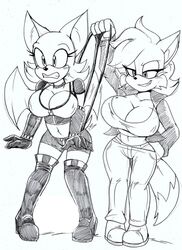 2girls akatsukishiranui-fox bat_ears bat_wings blush_lines fan_character gloves legs_apart official_alternate_costume panties panty_pull rouge_the_bat sega shocked shocked_expression shorts sketch sonic_(series) sonic_adventure_2 surprised thigh_boots thong thong_panties thong_pull underwear wedgie wide_hips