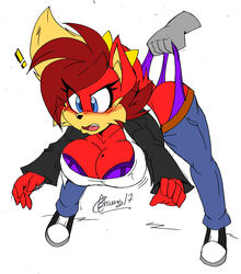 akatsukishiranui-fox ass bent_over big_breasts blue_eyes blush disembodied_hand exclamation exclamation_point fiona_fox fox hanging_wedgie jacket lifting open_mouth panty_pull purple_bra purple_panties red_fur sonic_(series) sonic_the_hedgehog_(series) wedgie