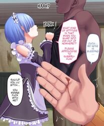 1boy 1girls blue_hair blush dark-skinned_male dark_skin dialogue english_text female interracial light-skinned_female light_skin male mihonsyoko netorare ntr petite re:zero_kara_hajimeru_isekai_seikatsu rem_(re:zero) size_difference text