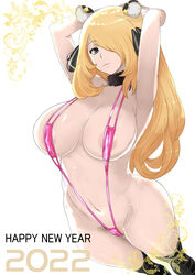 1girls 2022 alternate_breast_size animal_ears big_breasts blonde_hair breasts cynthia_(pokemon) eye_contact female hair_ornament happy_new_year huge_breasts long_hair looking_at_viewer makoto_daikichi micro_bikini nintendo pokemon pokemon_dppt sling_bikini solo standing text thick_thighs thighs