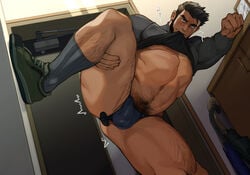 1boy anal anal_object_insertion bara beard black_hair black_male_underwear black_shirt blush boner bottomless briefs bulge closed_mouth clothes_lift covered_nipples erection erection_under_clothes facial_hair gay green_footwear highres icebanon large_pectorals leg_hair leg_up lifted_by_self looking_at_viewer male male_focus male_only male_pubic_hair male_solo male_underwear mouth_hold muscular muscular_male navel object_insertion original pectorals presenting pubic_hair reward_available sex_toy shirt shirt_in_mouth shirt_lift short_hair smile socks solo tarutoru taut_clothes taut_shirt thick_thighs thighs underwear