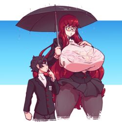 1boy 1girls 2021 amazon breasts breasts_bigger_than_head brown_hair color duo female giantess glasses huge_breasts hyper_breasts joker_(persona) kasumi_yoshizawa larger_female long_hair male megami_tensei n647 nipple_bulge persona persona_5 persona_5_royal rain red_hair ren_amamiya school_uniform size_difference smaller_male sumire_yoshizawa taller_girl thick_thighs umbrella voluptuous wet_clothes wide_hips