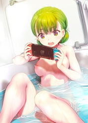 bangs bathing bathtub breasts commentary_request completely_nude eyebrows_visible_through_hair feet_out_of_frame female green_hair handheld_game_console highres knees_up medium_breasts mikazuki_akira navel nintendo_switch nipples nude open_mouth original partial_commentary partially_submerged playing_games purple_eyes short_hair sitting solo steam water wet