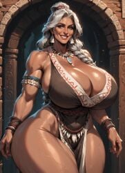 ai_generated dark-skinned_female female female_only gigantic_breasts gilf grandmother granny grey_hair high_quality highres mature_female moonchild41 muscle_tone native_american native_american_female promptchan.ai smiling thick_thighs tribal_clothing tribal_jewelry tribal_necklace voluptuous_female wide_hips