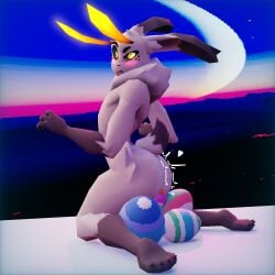 1boy 3d abstract_background antennae_(anatomy) anthro arthropod ass black_sclera blue_background blush bodily_fluids digital_media_(artwork) digitigrade displeased easter easter_egg egg egg_laying erection femboy fluffy freckles glowing glowing_antennae glowing_eyes hi_res holidays hybrid inner_ear_fluff insects kneeling lagomorph lepidopteran leporid long_ears looking_back low_poly male male_only mammal moth neck_tuft permaclot rabbit rasmus_(permaclot) short_tail simple_background solo tail tan_body tuft wide_hips yellow_eyes