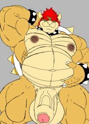 anthro balls biceps big_muscles big_penis bowser bowser_day bracelet collar digital_media_(artwork) eyebrows fulgoraga genitals hair hi_res horn huge_cock jewelry koopa male male_anthro male_only mammal mario_(series) muscles muscular muscular_anthro muscular_male nintendo nipples nude overweight pecs penis scalie shell simple_background smile solo spikes super_mario_bros.