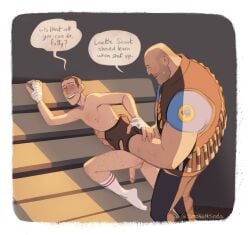 against_wall age_difference anal anal_sex blush clothed_male_nude_male cmnm dialogue domination erect_while_penetrated from_behind fucked_from_behind gay heavy_(team_fortress_2) heavy_weapons_guy huge_cock leg_up male older_male older_penetrating_younger one_leg_up part_of_a_set scout_(team_fortress_2) size_difference smokensoda smug team_fortress_2 tf2 thrusting_into_ass twink yaoi