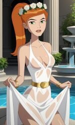 ai_generated belt ben_10 ben_10_ultimate_alien bigmic145 breasts cleavage crown dress female female_focus female_only flower_wreath ginger ginger_hair greek greek_clothes greek_goddess greek_mythology gwen_tennyson gwen_tennyson_(alien_force) gwen_tennyson_(ultimate_alien) jewelry medium_breasts orange_hair ponytail see-through see-through_clothing tease teasing wet wet_body wet_clothes wet_clothing wet_skin