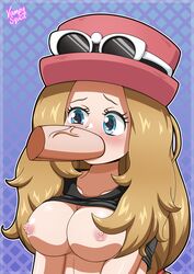 big_breasts blonde_hair blowjob blowjob_face blue_eyes breasts clothed clothing fellatio female hair hair_ornament hat light-skinned_female light-skinned_male light_skin long_hair nipples pokemon pokemon_masters pokemon_masters_ex pokemon_trainer pokemon_xy serena_(pokemon) serena_(pokemon_games) shirt squeezing squeezing_breast vampy_squid