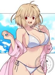 1girls ahoge antenna_hair arcueid_brunestud bikini blonde_hair breasts cleavage female highres hirakawa large_breasts long_sleeves looking_at_viewer melty_blood open_clothes open_mouth red_eyes short_hair solo swimsuit tsukihime watermark