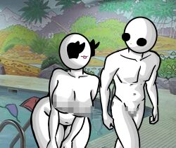 1boy1girl :3 bald bald_female bald_male belly belly_button bending_forward black_eyes blank_expression breasts censored censored_genitalia censored_nipples censored_penis chetoh claire_(chetoh) cleavage completely_nude completely_nude_male egg eggmale female looking_at_each_other male naked naked_female naked_male nude nude_female nude_male oc original original_character original_characters penis photo_background pixelated pixelated_penis pool smile smiling swimsuit swimsuit_removed tongue tongue_out white_body