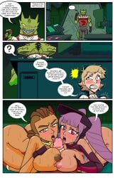 big_breasts blonde_hair blush breast_press breast_squeeze breasts breasts_out brown_hair comic comic_page cornrows double_paizuri double_titfuck entrapta female hiding kyle_(she-ra) leotard licking_penis lonnie_(she-ra) male paizuri penis purple_hair reptile rogelio scared scared_expression she-ra_and_the_princesses_of_power thathornybastard tittyfuck twintails whispering
