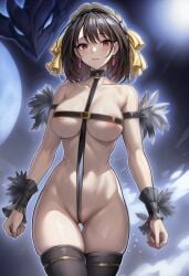 1girls accessory ai_generated areolae black_hair blush collar demon demon_girl duel_monster earrings female focus fringe hi_res legwear looking_at_viewer red_eyes ribbon semi_nude solo thighs underworld_goddess_of_the_closed_world yin_fu_hexian yu-gi-oh!