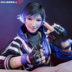 1boy 1girls 3d 3d_(artwork) 3d_render absurd_res cum ejaculation electricity female femdom gloved_handjob gloves high_quality high_resolution highres male middle_finger milking nail_polish namco penis reina_mishima shaddoll_x small_penis smug smug_face streaked_hair tekken tekken_8