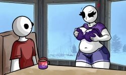 1boy1girl bald bald_female belly belly_button black_eyes bra breasts chair chetoh chubby chubby_female claire_(chetoh) cleavage clothed coffee coffee_mug cupping_breasts egg eggmale female holding_breast indoors looking_at_each_other male mug oc original original_character original_characters photo_background pout purple_bra question_mark raised_shirt red_shirt shirt shorts sitting smile smiling snow table tree trees white_body window windows