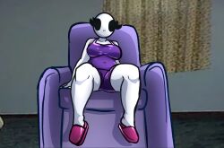 1girls bald bald_female black_eyes blank_expression breasts chetoh claire_(chetoh) couch egg female female_focus female_only looking_at_viewer oc open_legs original original_character photo_background purple_shirt purple_shorts shading shirt shorts sitting sitting_on_couch white_body