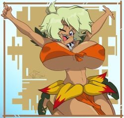 1girls 2025 action_pose arms_up artist_name ass bandeau belly_button big_breasts blonde_hair breasts breasts_apart busty clothed clothed_female clothing curvaceous curvy earrings female footwear front-tie_top front_view fully_clothed gewd-boi hair happy hourglass_figure huge_breasts human jungle_de_ikou large_breasts legs_together looking_at_viewer medium_hair mii_(jungle_de_ikou) navel necklace nipple_bulge one_eye_closed open_mouth orange_clothing pelvic_curtain purple_eyes shoes signature skirt smile smiling smiling_at_viewer solo stomach strapless tan-skinned_female tan_body tan_skin teeth thighs tongue wide_hips wink winking_at_viewer