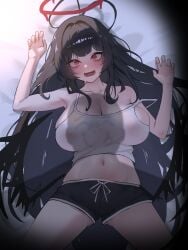 1boy 1girls alternate_costume antenna_hair bare_arms bare_shoulders black_hair black_shorts black_wings blue_archive blush breasts cleavage covered_nipples doodle_sensei_(blue_archive) halo highres huge_breasts long_hair lying melting_halo musclexm navel on_back open_mouth red_eyes red_halo sensei_(blue_archive) shadow short_shorts shorts stomach strap_slip tank_top tank_top_strap_slip tsurugi_(blue_archive) white_tank_top wings