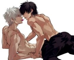 2boys abs back black_eyes black_hair candy cherry food lollipop male multiple_boys muscular pectorals sakata_gintoki toned toned_male tongue topless_male white_hair yaoi