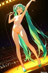 (titancore) ai_generated arm_up breasts concert cute cute_girl fans female girl green_eyes green_hair hair_ornament hatsune_miku idol music naked singing single_girl small_breasts twintails video_game_character voiceroid winking winking_at_viewer