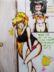 2girls alphahyoudou black_bra black_hair black_tank_top blonde_hair blush bow bow_panties bra bra_lift breasts caught cleavage davi_(alphahyoudou) english_text female glasses have_to_pee knocking knocking_on_door large_breasts long_hair original ponytail raphi_(dark_master006) red_panties suprised suprised_look tank_top