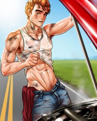 1boy abs archie_andrews archie_comics bludwing dirty male male_only musk outside pants partially_clothed public sweat sweaty tank_top